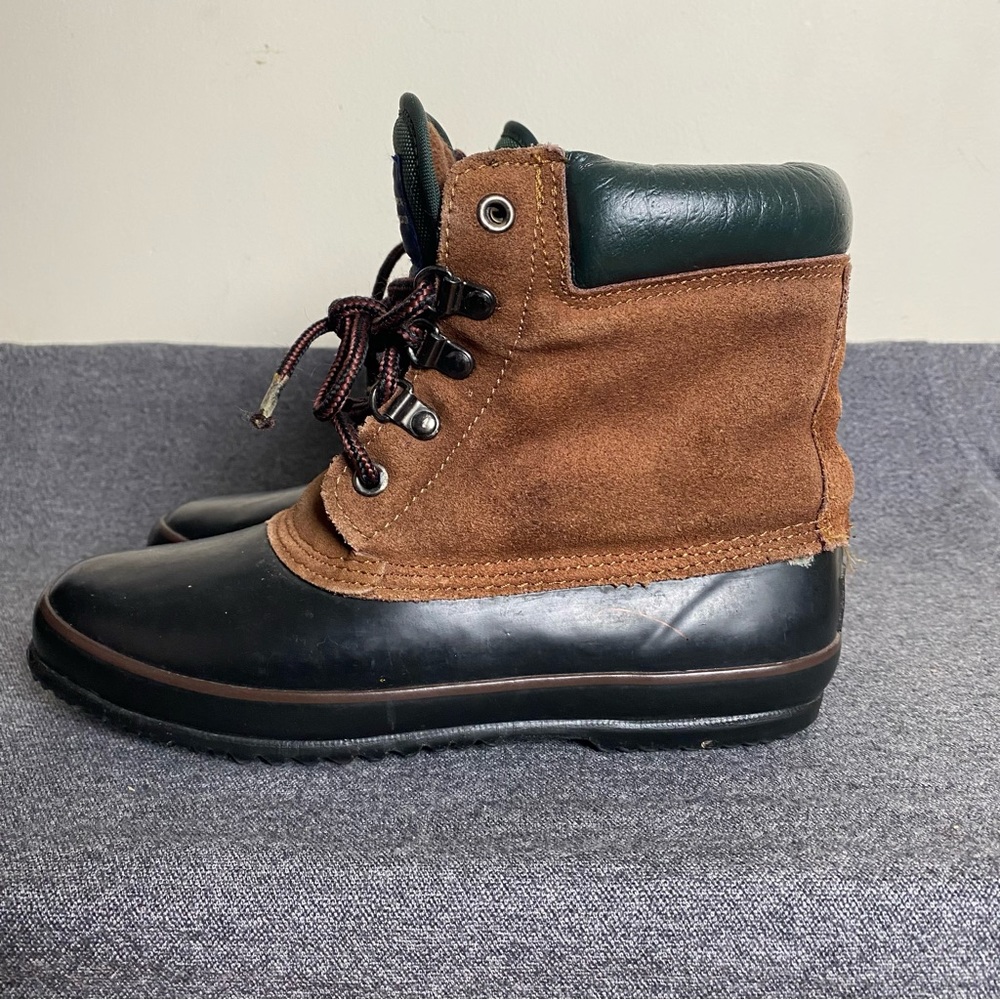 Womens Leather Duck Boots Rubber Size 7 Black Brown Lace up Thermolite Smiths - Picture 12 of 16